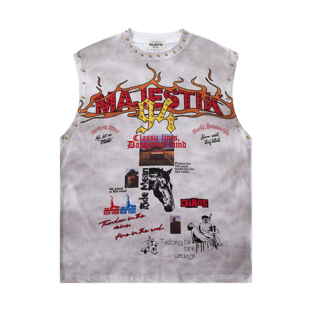 MAJESTIK Studded Washed Graphic Sleeveless T-Shirt