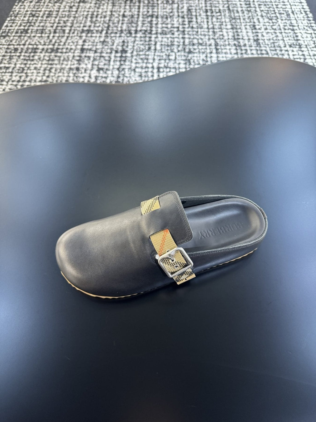 Burberry Men's Black Plaid Buckle Mule Sandals