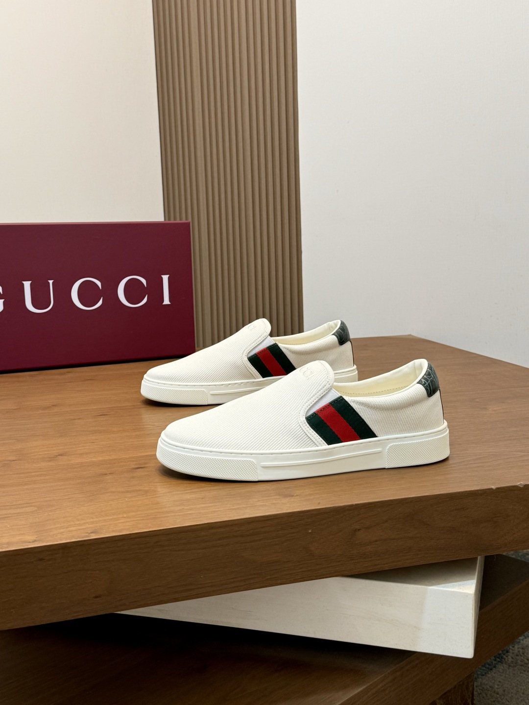 Gucci White Stripe Slip-On Sneakers